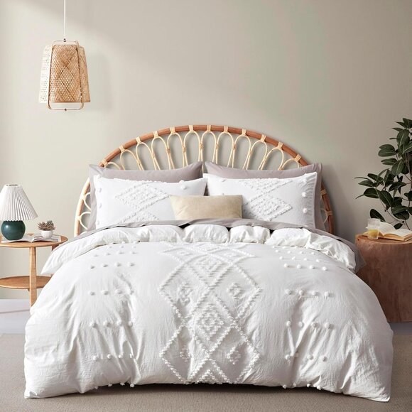 3PC QUEEN KING DUVET SET WHITE Boho Cottage Tufted Design Duvet & Pillowcases - Picture 1 of 6